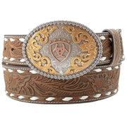 Ariat Mens Oval Multi Finish Buckle Floral Embossed Leather Belt, Aged Bark