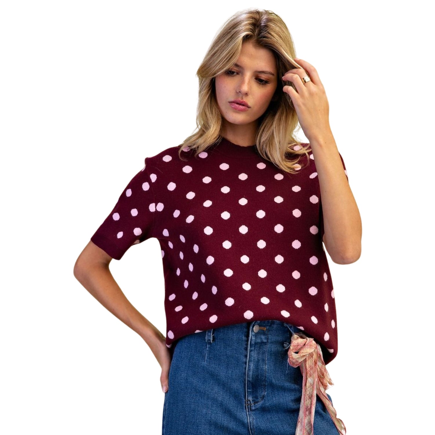 Easel Women's Polka Dot Pattern Knitted Sweater Top, Burgundy