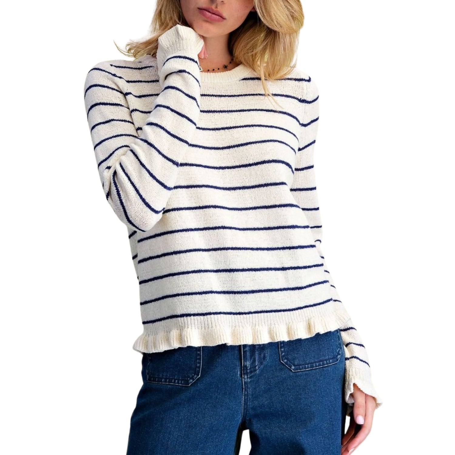 Easel Women's Striped Knit Ruffle Hem Crew Neck Sweater, Ivory