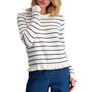 Easel Women's Striped Knit Ruffle Hem Crew Neck Sweater, Ivory