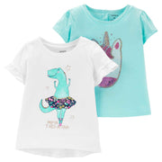 Carter's Toddler Girl's 2 Pack Graphic Tee Shirts T-Rex Unicorn (Unicorn/T-Rex Green/White, 18M)