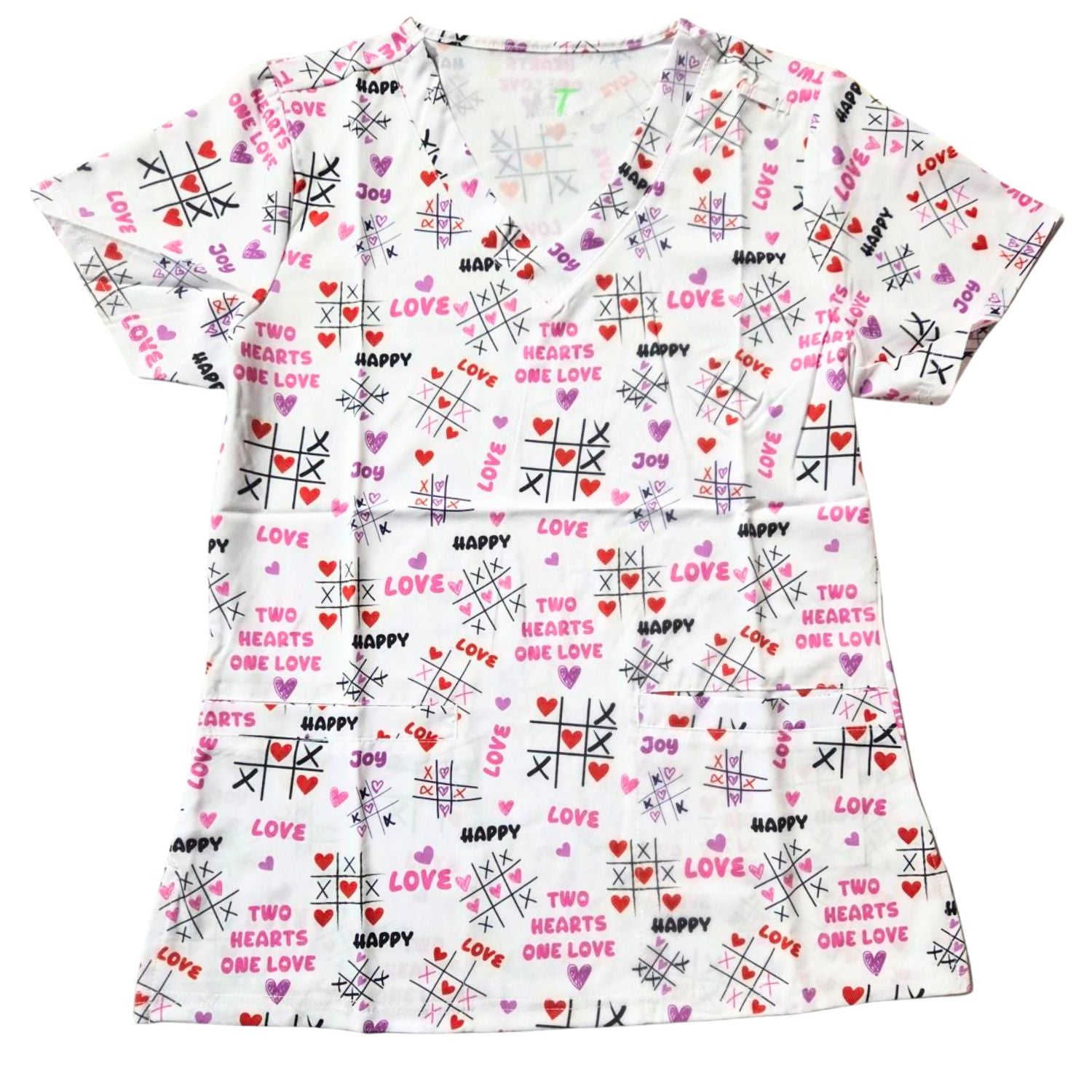 Green Town Performance Womens V-Neck Scrub Top - Valentine's Day Prints
