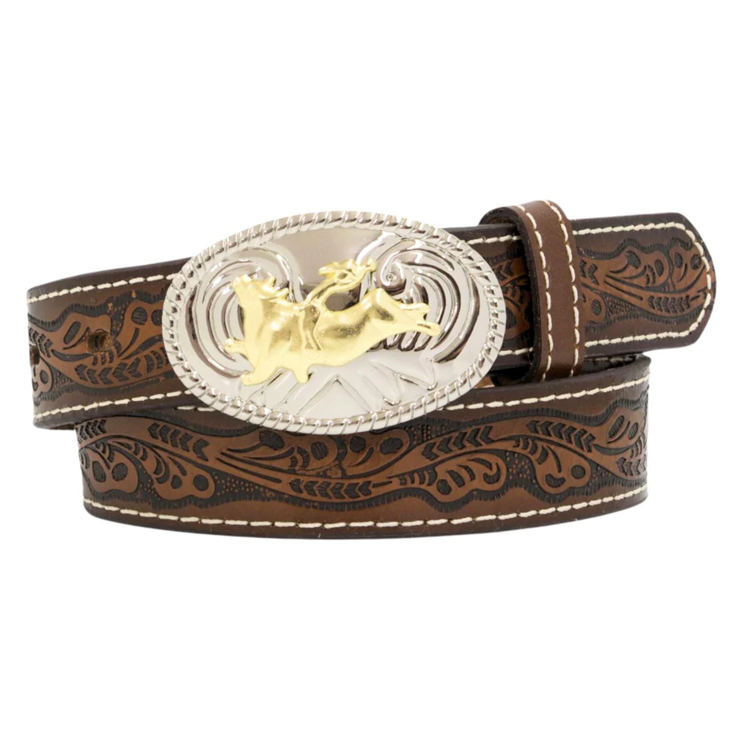 Nocona Boys Oval Buckle Bull Rider Tooled Floral Leather Belt