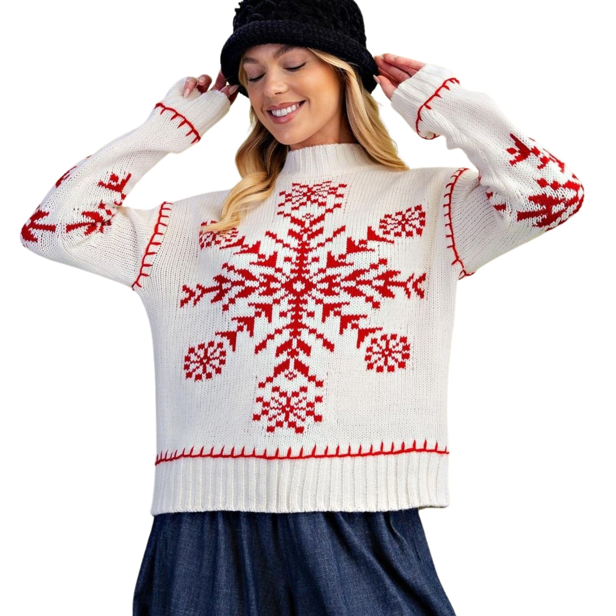 Easel Women's Holiday Snowflake Fair Isle Knit Mock Neck Sweater, Ivory