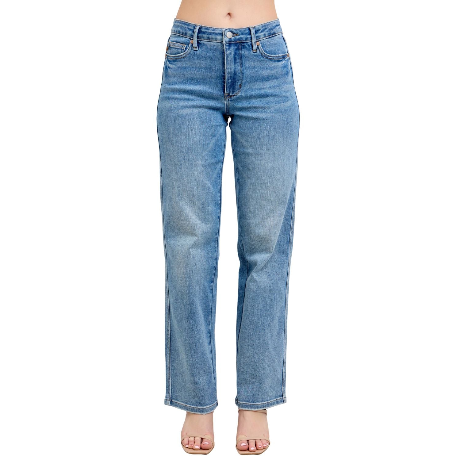 Judy Blue Womens Petite Tummy Control Vintage Wash Straight Jeans