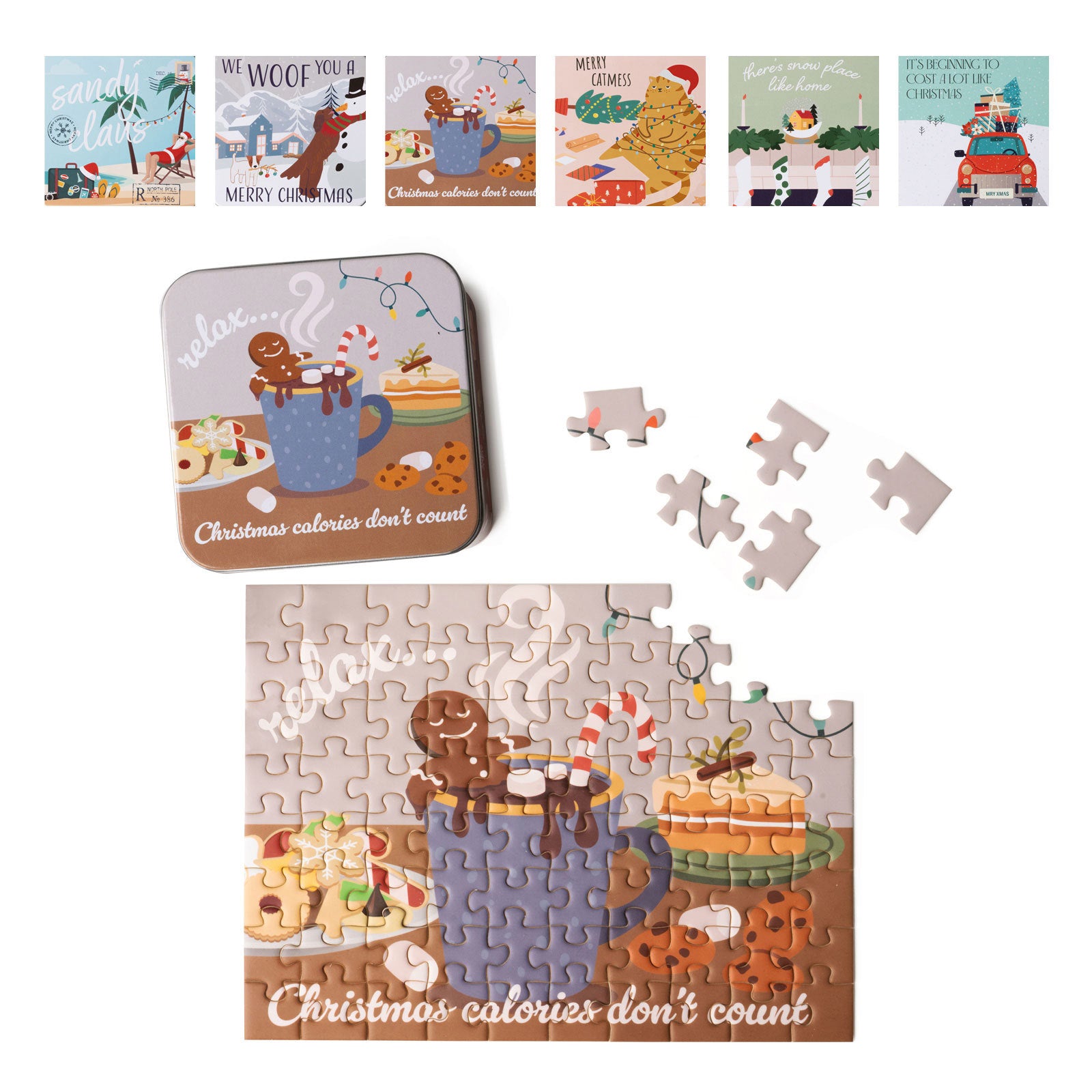 Jolly Jigsaw Christmas Holiday 80 Piece Mini Puzzles With Matching Tin