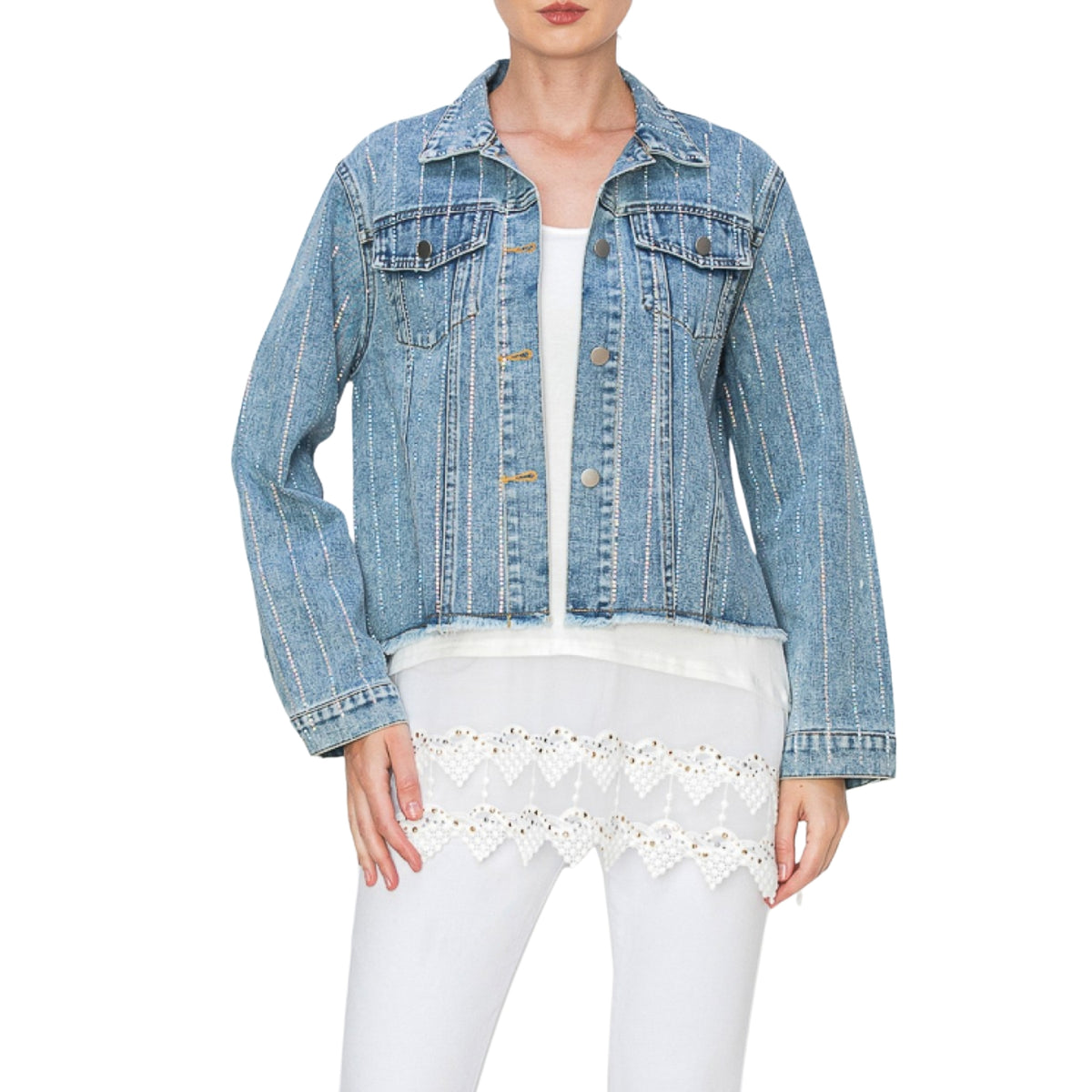Origami Women's Button Front Sparkle Rhinestone Stripe Denim Jacket