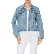 Origami Women's Button Front Sparkle Rhinestone Stripe Denim Jacket