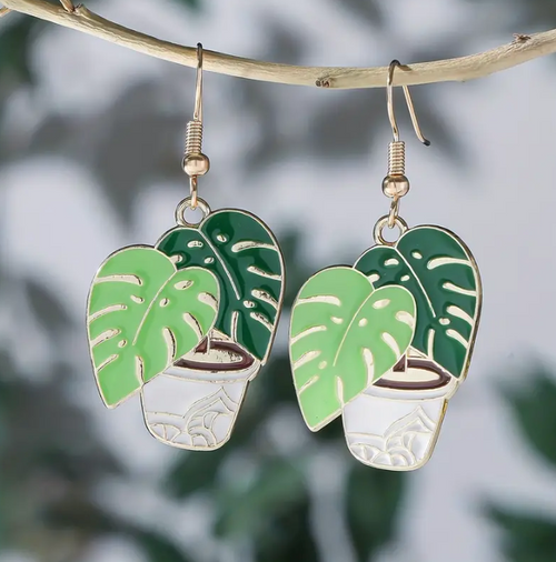 Cute Green Leaf Potted Plant Monsterra Leaf Earrings, Green Leaf Plant