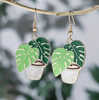 Cute Green Leaf Potted Plant Monsterra Leaf Earrings, Green Leaf Plant