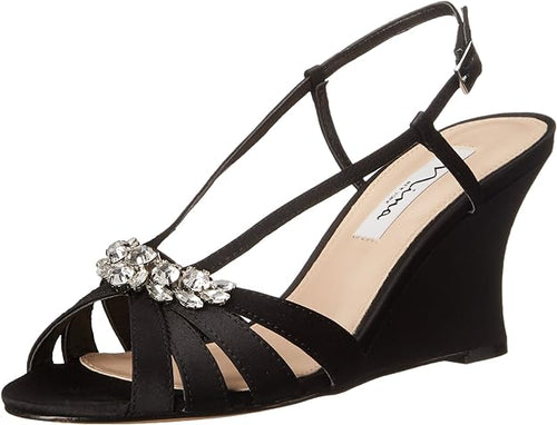 Nina Womens Viani Evening Dress Wedge Heel Sandal (Black Luster, 5.5M)