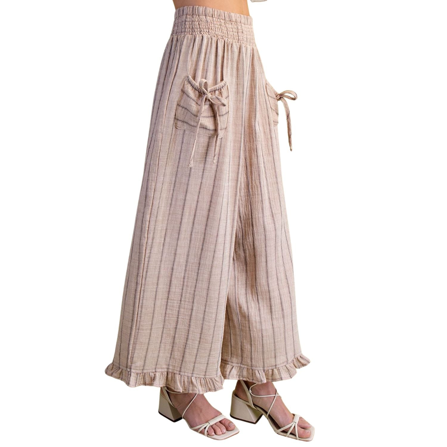 Easel Womens Vertical Striped Cotton Gauze Pants With Ruffle Hem- Mocha