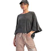 Easel Womens Winged Ruffle Sleeve Washed Cotton Slub Top- Black