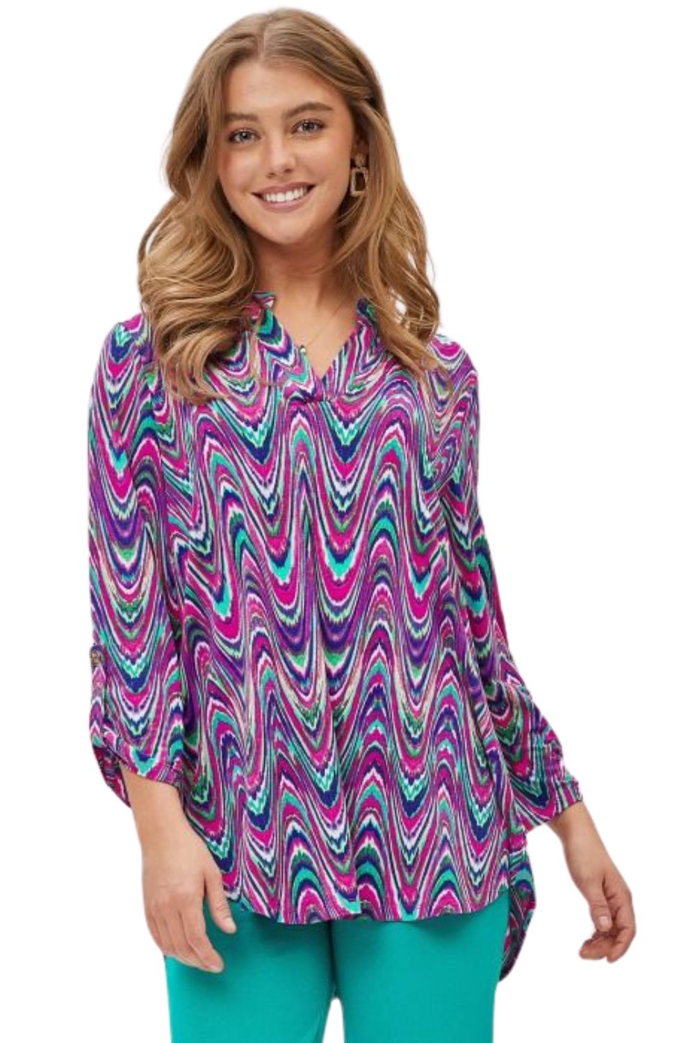 Dear Scarlett Womens Lizzy Relaxed Flowy High Low Blouse, Multi