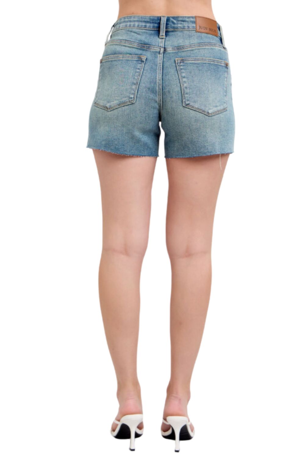 Judy Blue Womens Mid Rise Vintage Wash Button Fly Destroyed Shorts