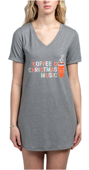 Hello Mello Womens Holiday V-Neck Sleep Shirt NO BAG, S/M Coffee Christmas Music