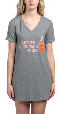 Hello Mello Womens Holiday V-Neck Sleep Shirt NO BAG, S/M Coffee Christmas Music