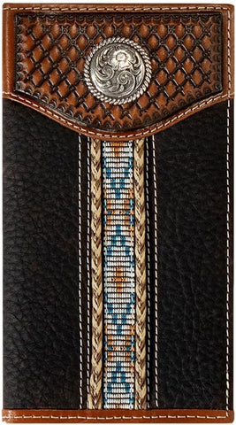 Ariat Mens Southwest Woven Concho Brown Rowdy Leather Rodeo Checkbook Wallet