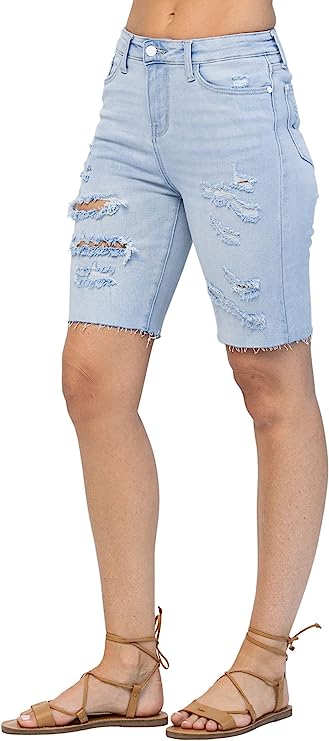 Judy Blue Womens Destroyed Bermuda Distressed Denim Shorts