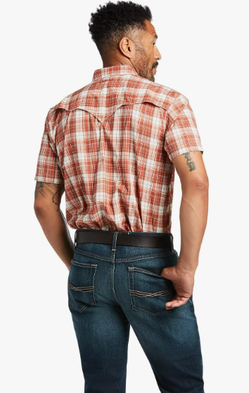 ARIAT Men's Venttek Western Fitted, Short Sleeve Button Down Shirt, Baked Clay