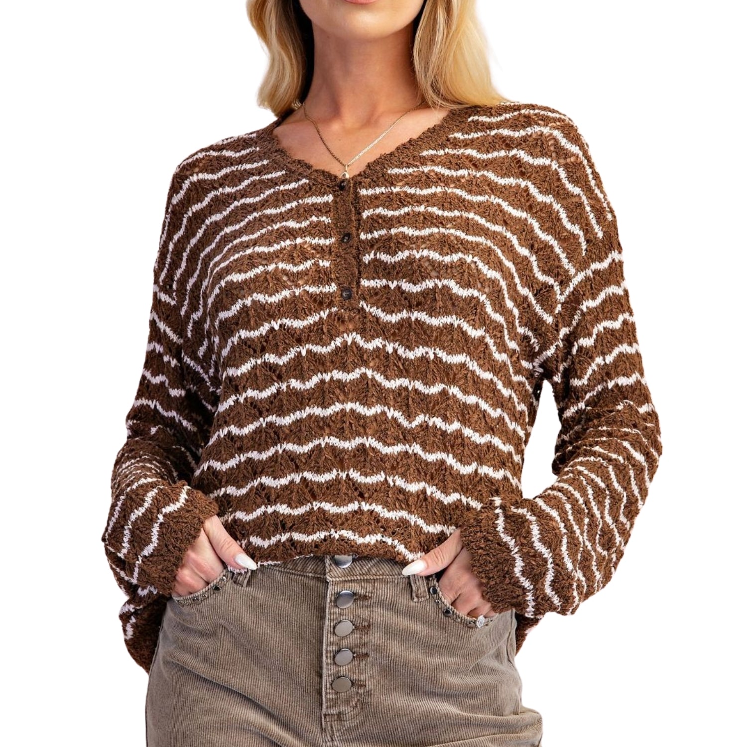 Easel Women's Two-Tone Wavy Stripe V-Neck Button Front Knit Sweater, Brown