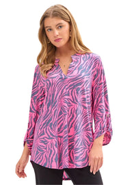 Dear Scarlett Womens Lizzy Relaxed Flowy High Low Blouse, Grey Pink