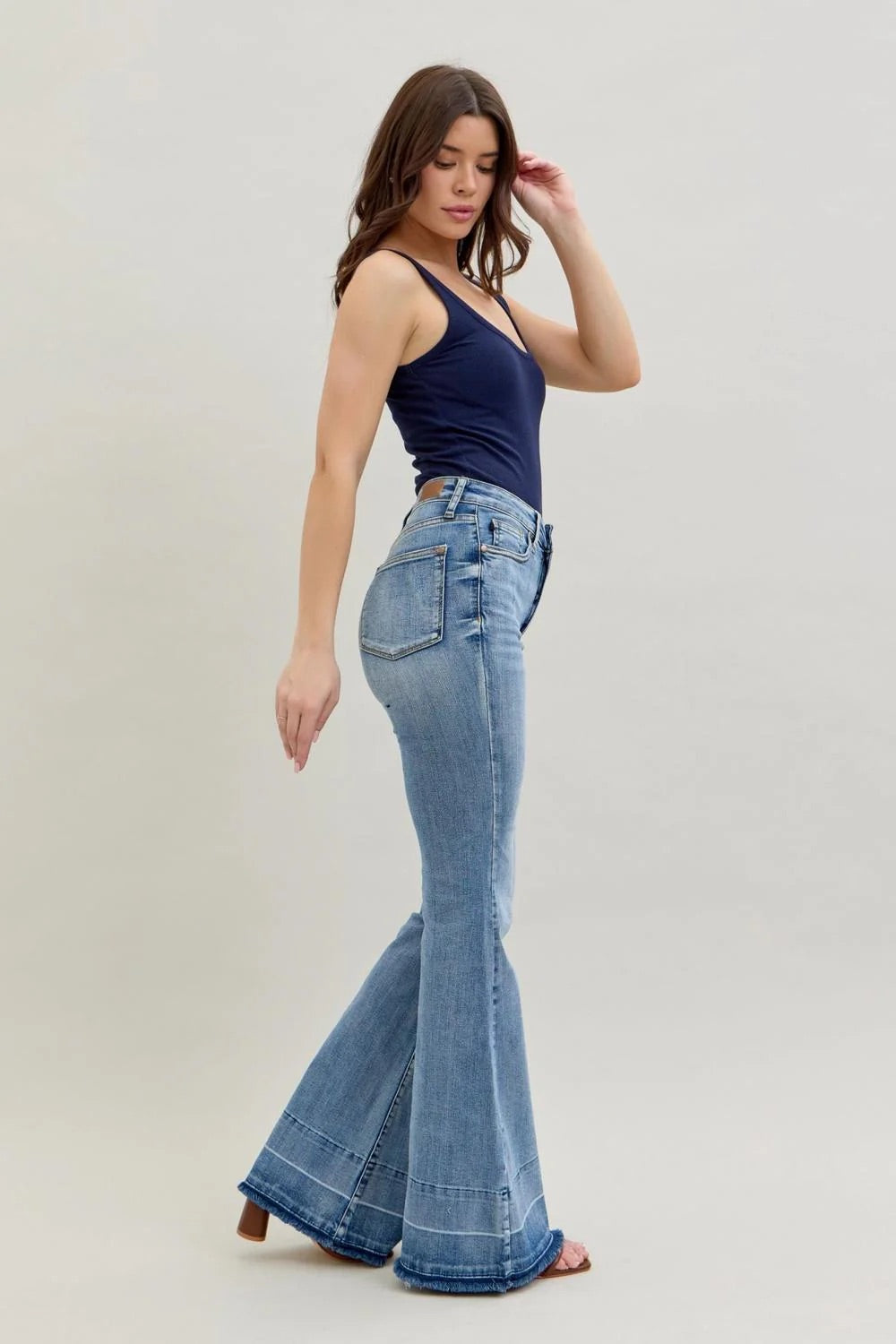 Judy Blue Womens High Waist Contrast Tummy Control Release Hem Flare Denim Jeans