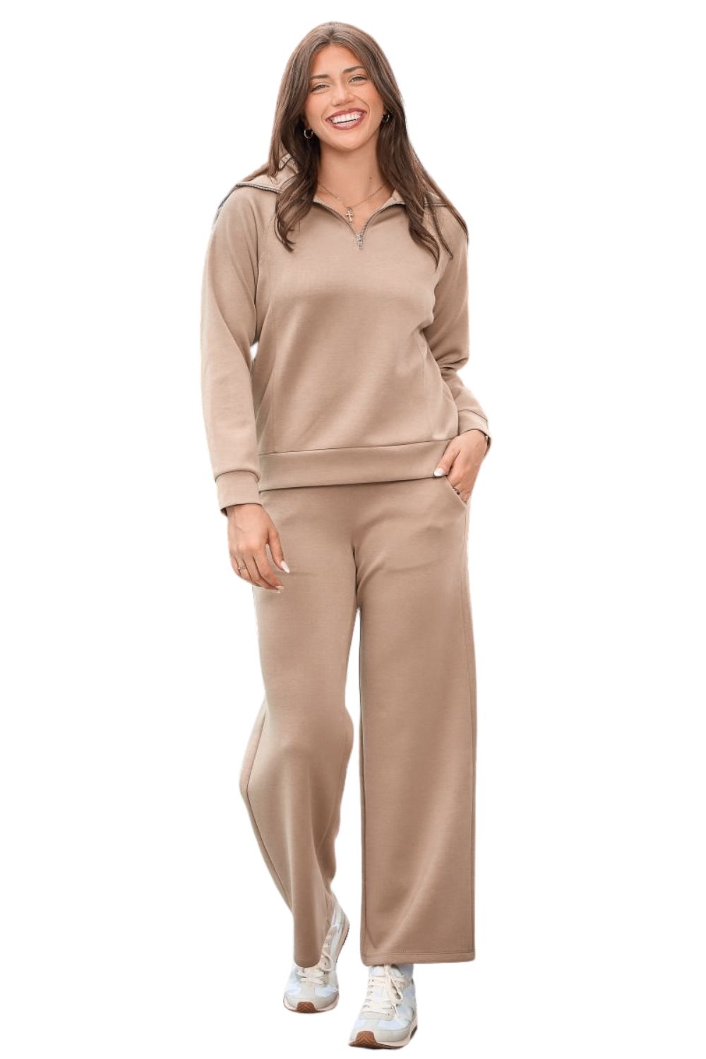 Dear Scarlett Womens Hamptons Long Sleeve Top with Pants Travel Set, Cappuccino