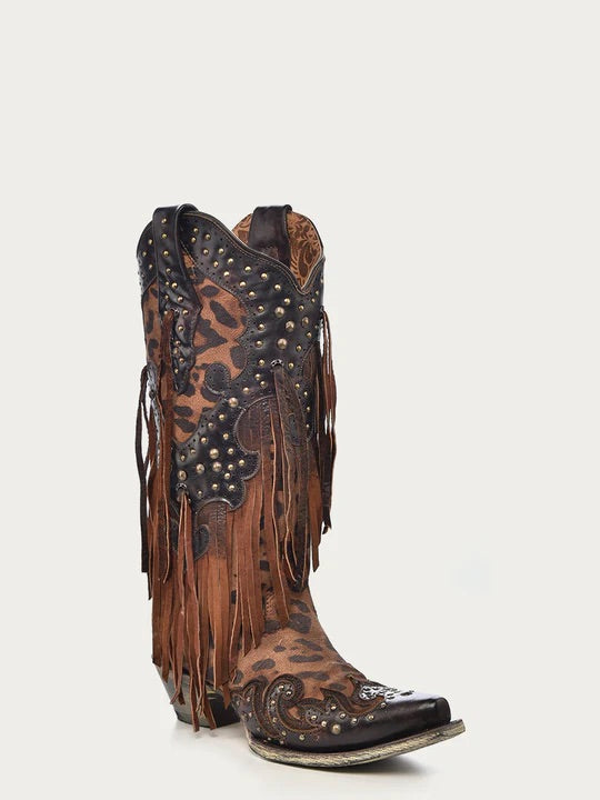 Corral Boots Womens Leopard Print with Fringe and Studs Snip Toe Cowboy Boots
