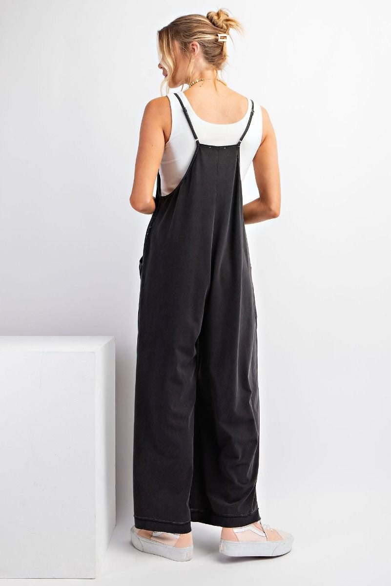 Easel Womens Mineral Washed Cotton Wide leg Jumpsuit Overall, Black