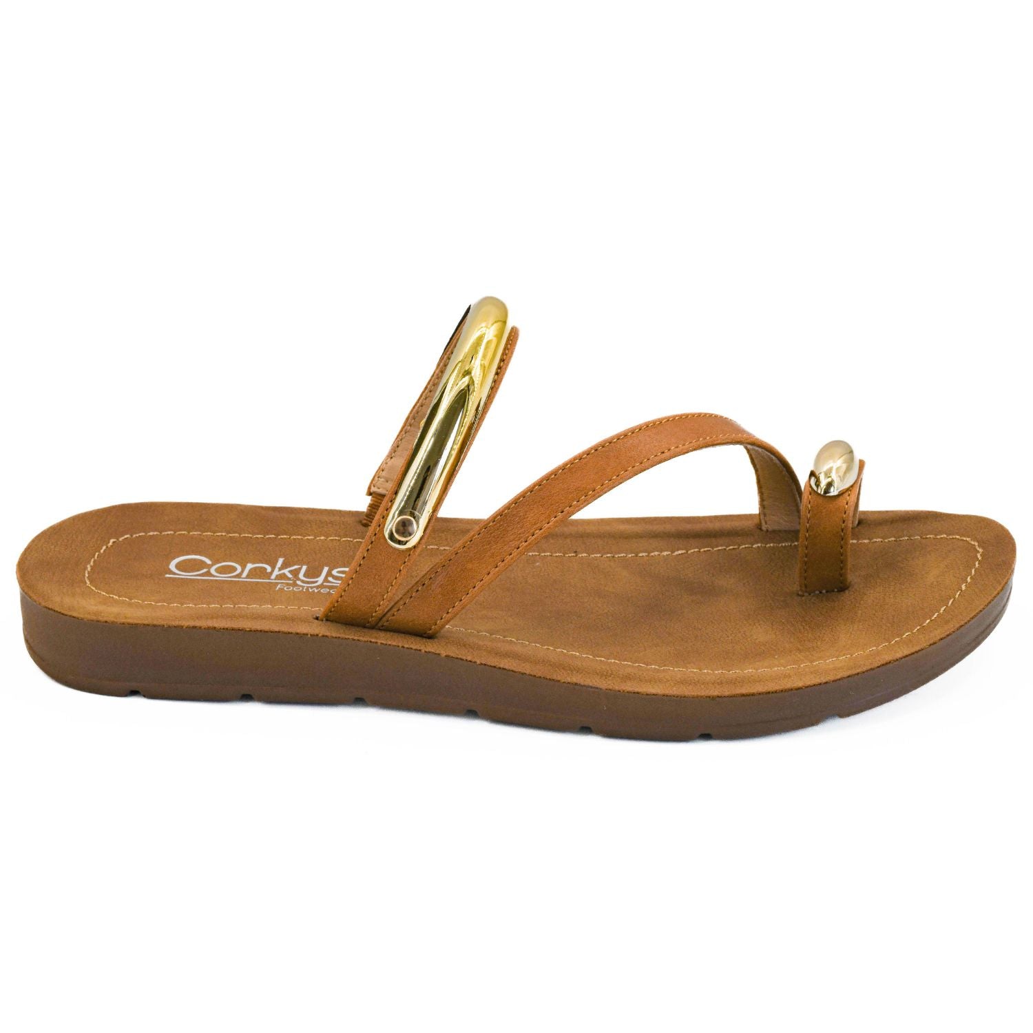 Corkys Footwear Hit The Strip Strappy Sandals with Gold Embellishments, Cognac