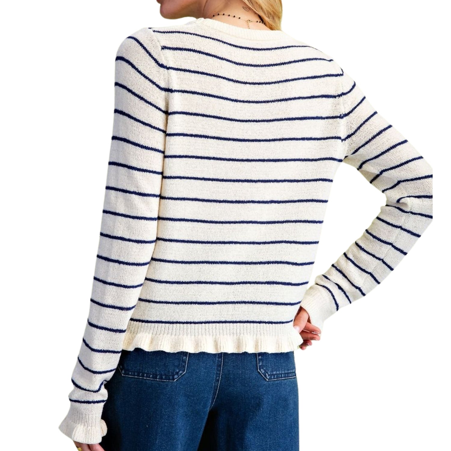 Easel Women's Striped Knit Ruffle Hem Crew Neck Sweater, Ivory