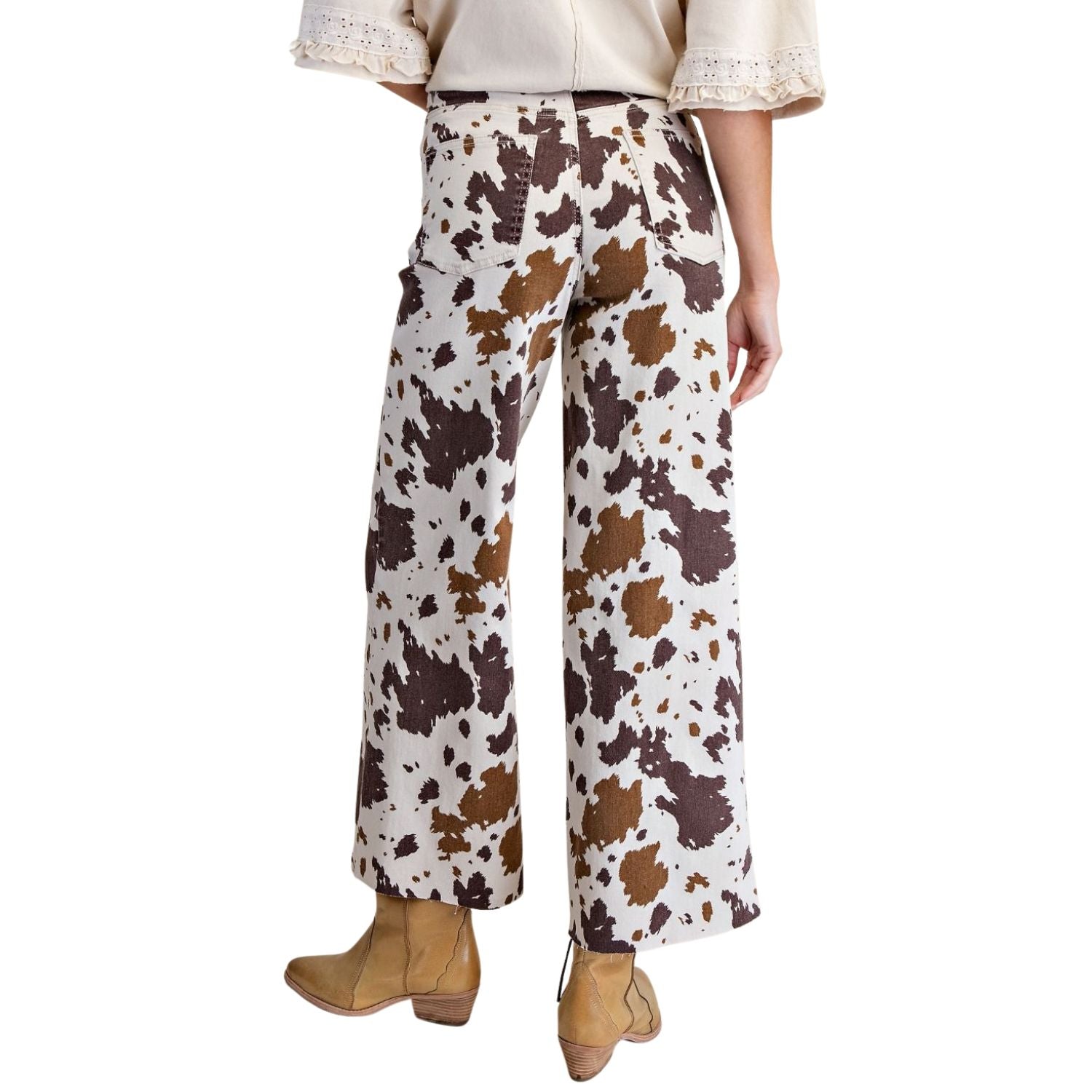 Easel Womens Cow Printed Relaxed Wide Leg Washed Stretch Twill Pants- Mushroom