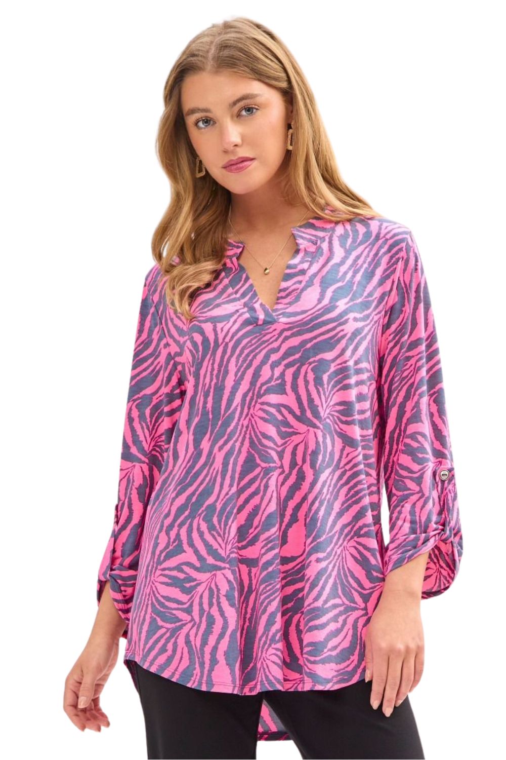 Dear Scarlett Womens Lizzy Relaxed Flowy High Low Blouse, Grey Pink