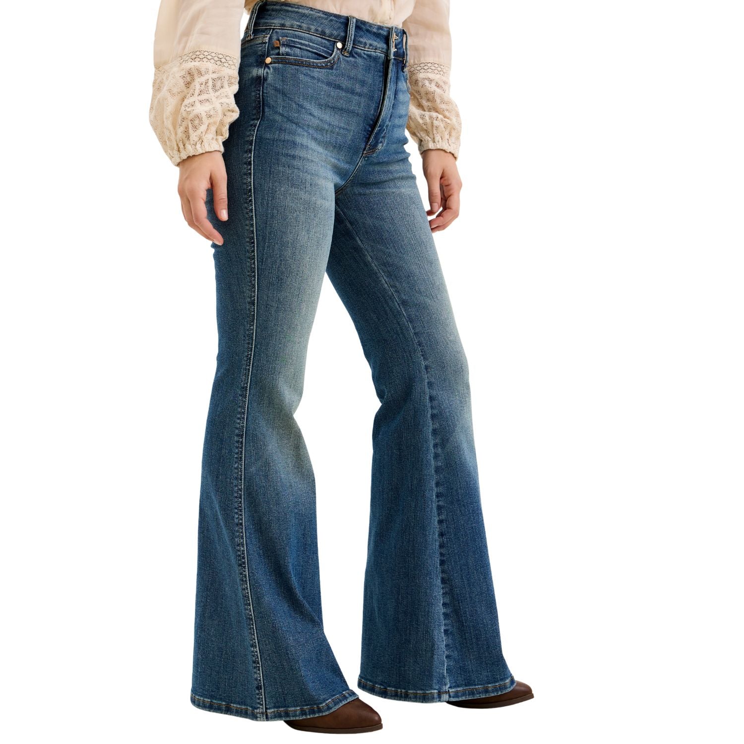 Judy Blue Womens High Waist Tummy Control Jaqueline Flare Denim Jeans- Dark Wash