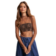 Listicle Women's Sheer Floral Lace Long Sleeve Top, Mocha (X-Small)