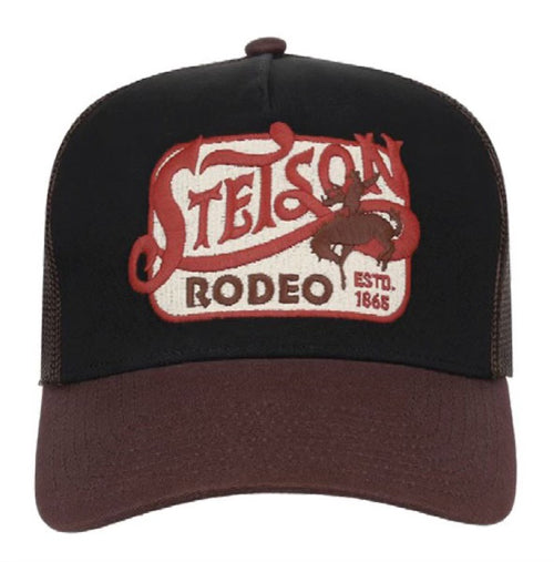 Stetson Rodeo Embroidered Snapback Hat Ball Cap, Black & Red with Brown