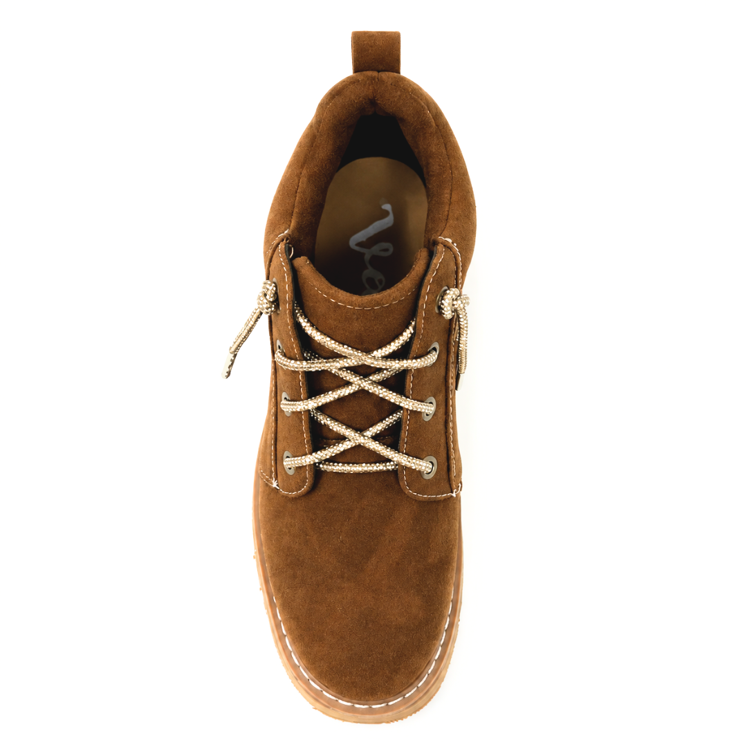 Very G Women's Bernie Lace-Up Ankle Bootie with Rhinestone Laces, Tan