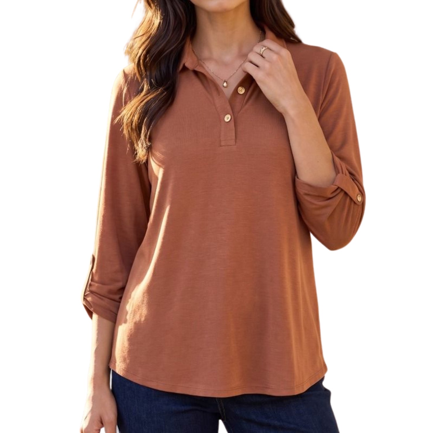 Dear Scarlett Women's Lizzy Wrinkle-Free Button-Down Blouse, Caramel