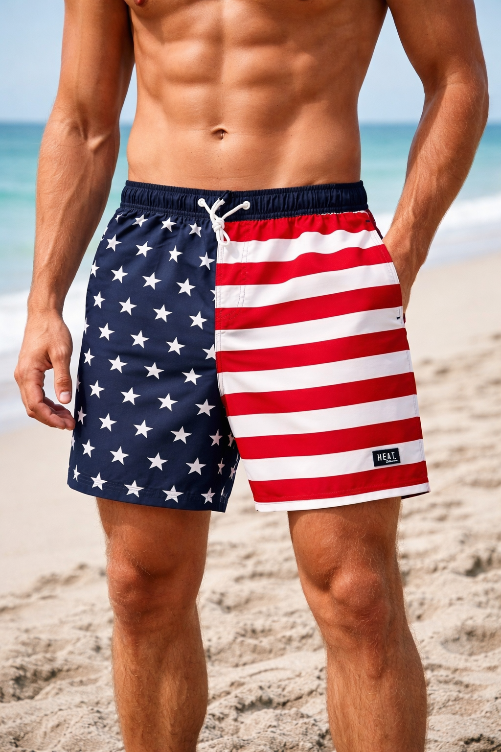 Heat Swimwear Mens American Flag Board Shorts Swimsuit- Flag