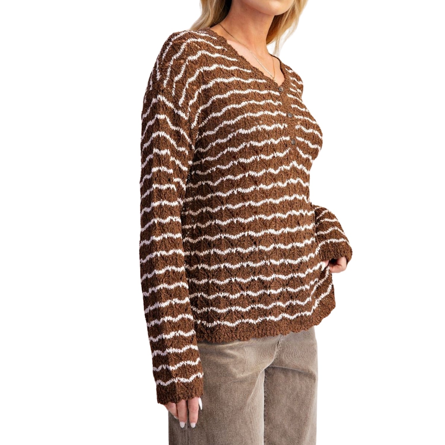 Easel Women's Two-Tone Wavy Stripe V-Neck Button Front Knit Sweater, Brown
