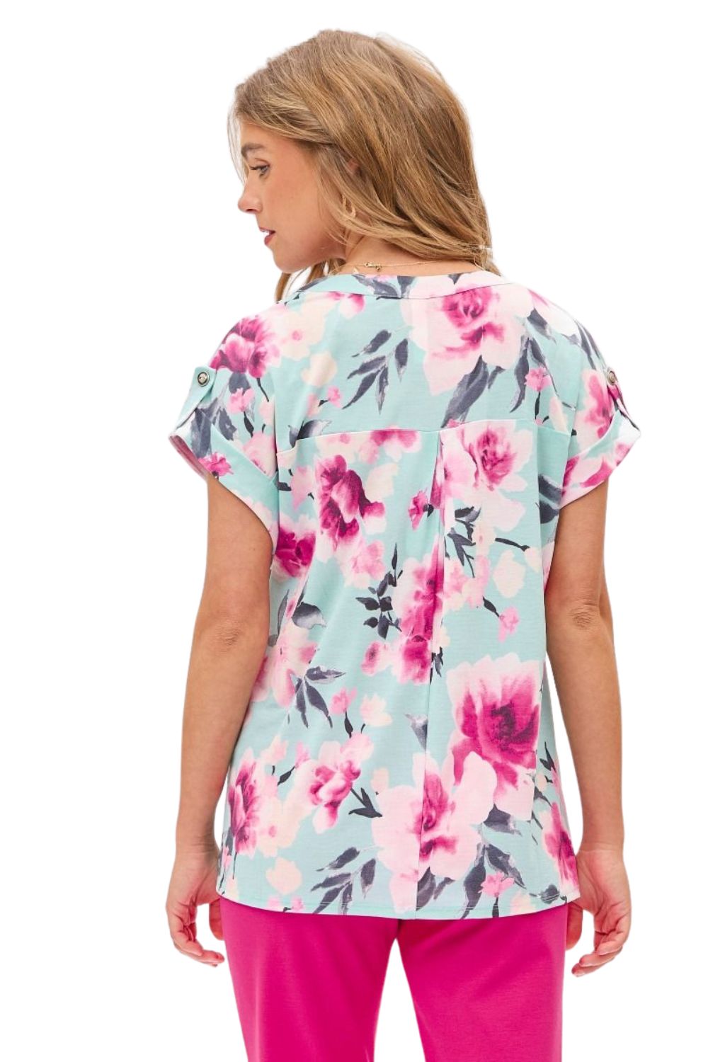 Dear Scarlett Womens Lizzy Short Sleeve Relaxed Flowy Blouse, Blue Multi