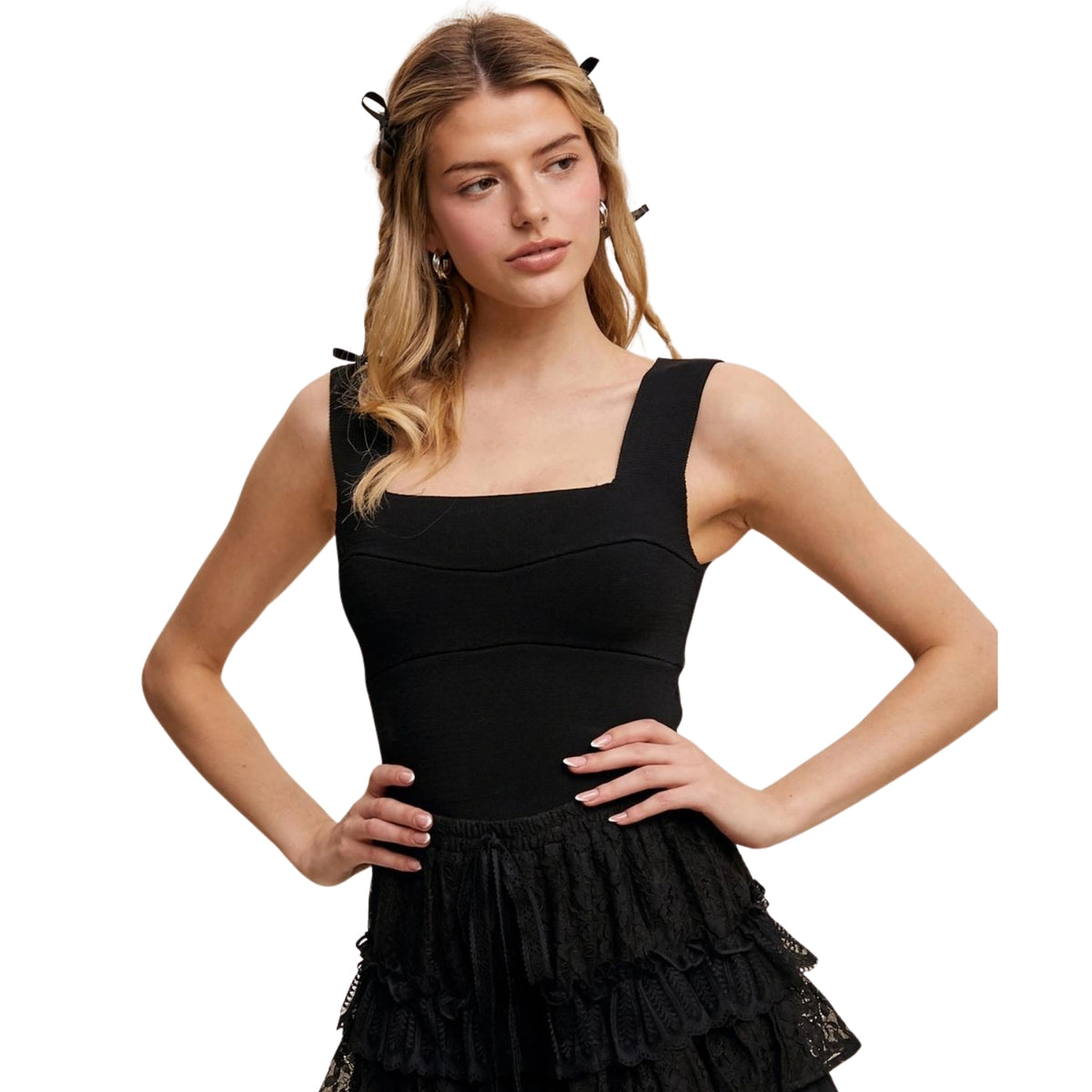 Listicle Women's Square Neck Bandage Knit Cropped Brami Top, Black