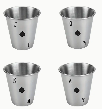 4 Piece Poker Card Shot Glass Cups, Stainless Steel, 2oz