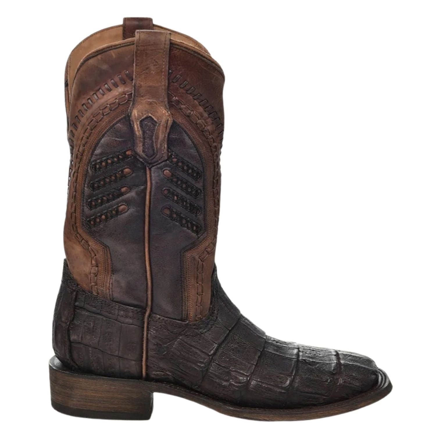 Corral Boots Mens Oil Brown Caiman Embroidered Woven Shaft Wide Square Toe Boot