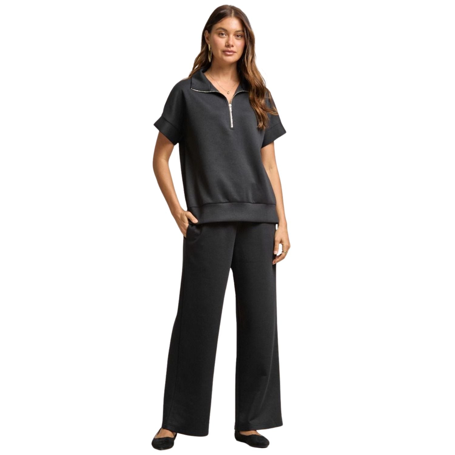 Dear Scarlett Womens Catalina Dolman Sleeve Top with Pants Travel Set, Black