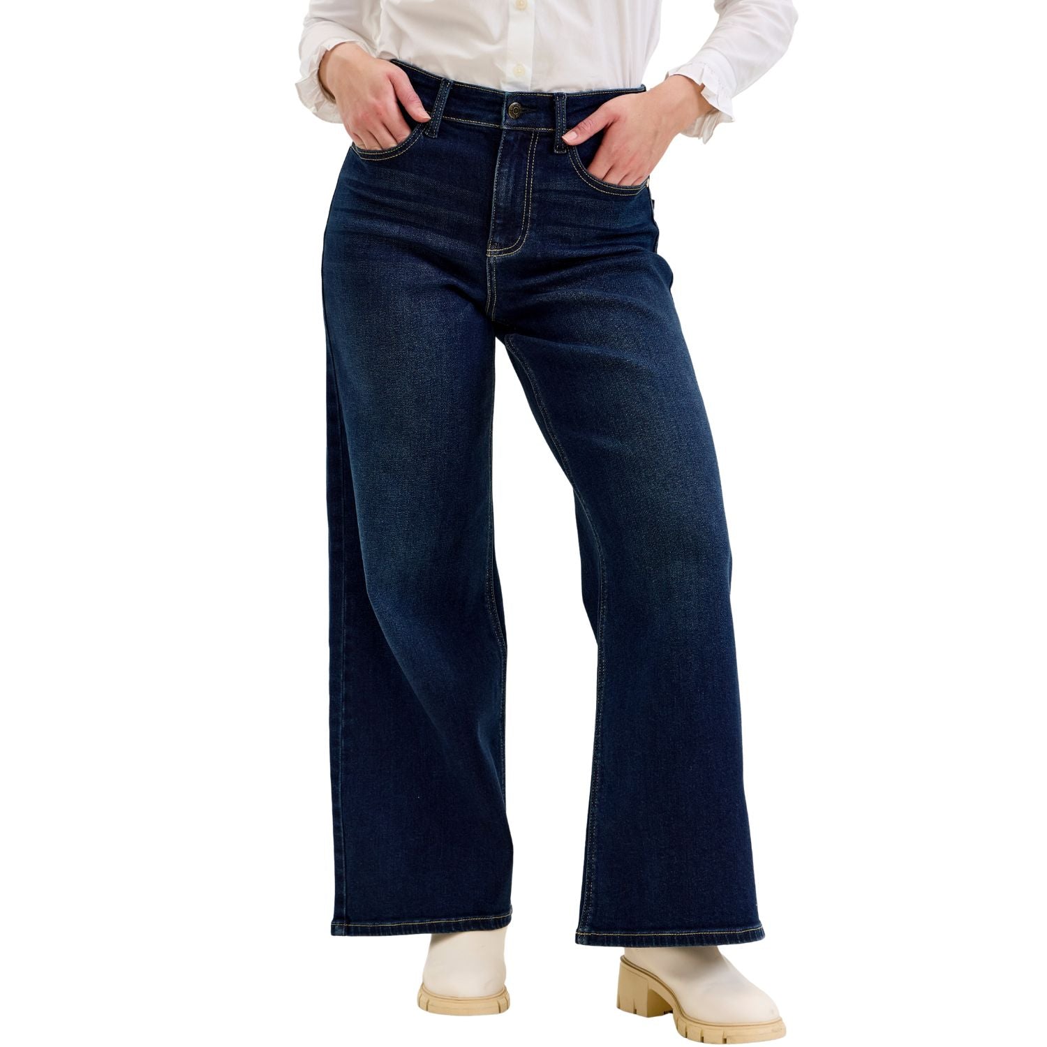 Judy Blue Womens High Waist Petite Lux Retro Wide Leg Jeans- Dark Twilight Blue