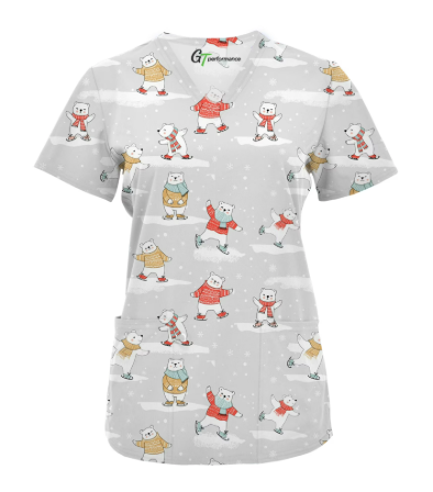 Green Town Womens V-Neck Scrub Top - Christmas Holiday Prints