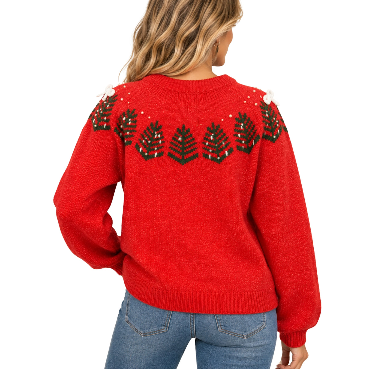 Easel Christmas Tree Pearl & Bow Embellished Holiday Sweater, Red