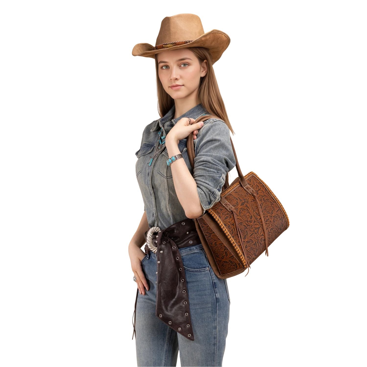 Montana West Vintage Floral Tooled PU Leather Concealed Carry Tote Purse- Brown